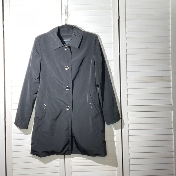 London Fog Black Snap-Front Mid Length Classic Raincoat Pockets Size - Picture 2 of 9